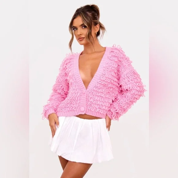 Pink Loop Knit V Neck Button Up Cardigan - Picture 2 of 4